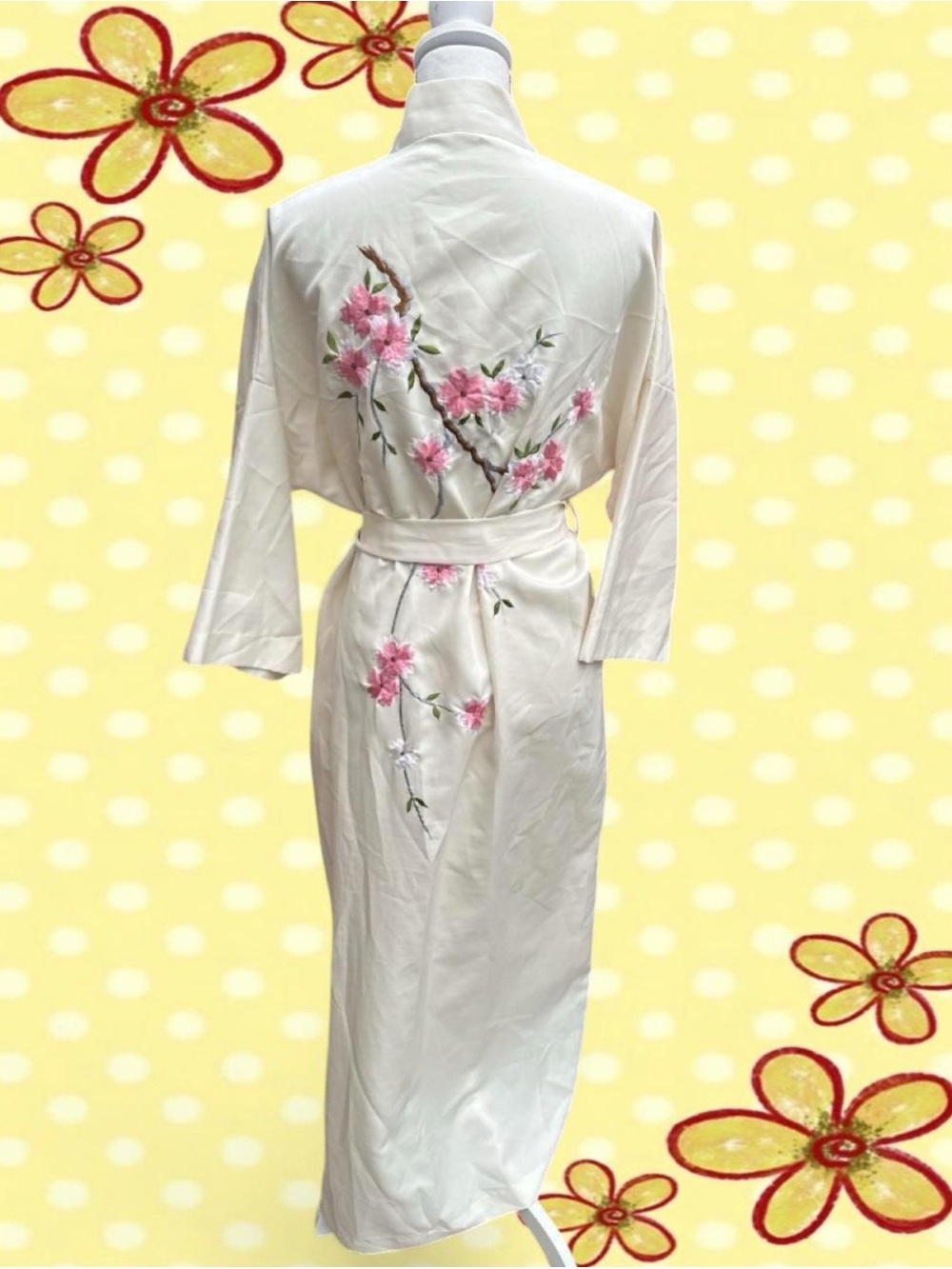 Cream Satin Kimono Robe with Pink Floral Embroidery